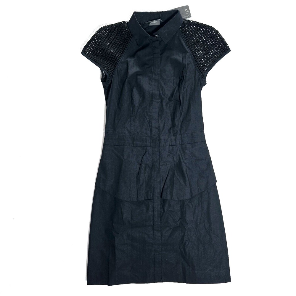 Armani Exchange Dress Size 2 Black Womens Cap Mesh Sleeve AX NWT($150) Button Up